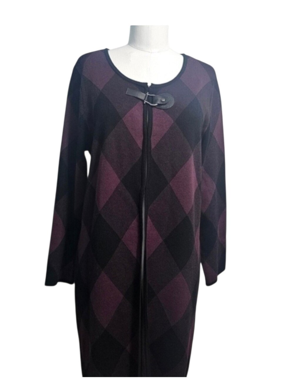 Anne Klein Women's Long Sleeve Purple/Black Plaid Preppy Cardigan Sweater  L